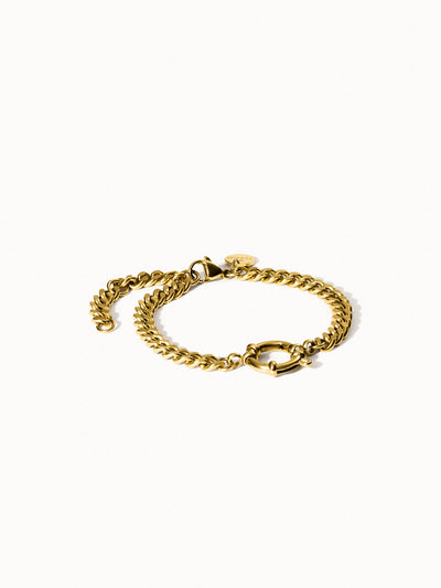 Bold Charm Armband von PURELEI, vergoldete Edelstahl-Panzerkette mit Charm-Verschluss, clean & elegant inszeniert.