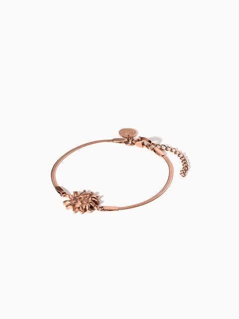PURELEI Iconic Sun Armband in Roségold mit filigraner Snake-Chain und strukturierter Sonnen-Anhänger, elegant und feminin.