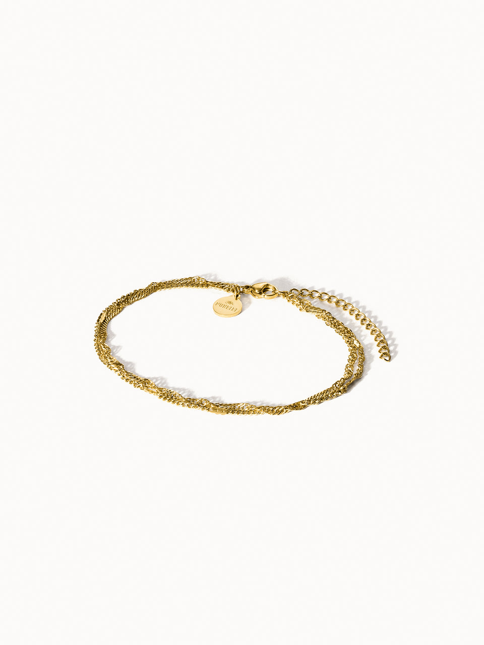 Authentic Fußkettchen von PURELEI, feine goldene Kette mit filigraner Struktur, elegant und nickelfrei, minimalistisch gestaltet.
