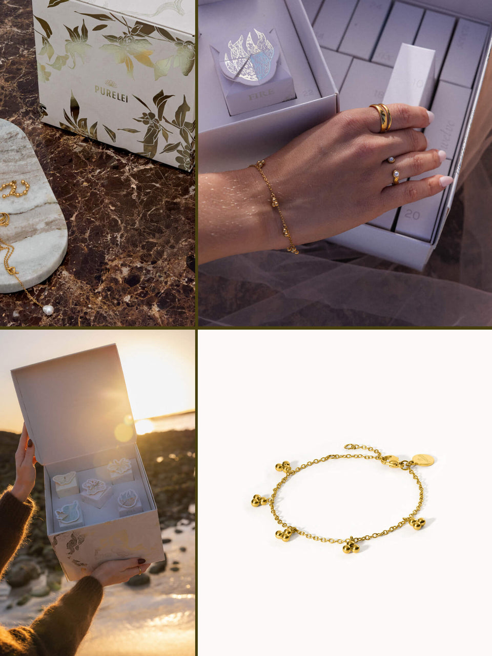 Goldenes Armband mit zarten Anhängern, elegant präsentiert mit PURELEI Verpackung.