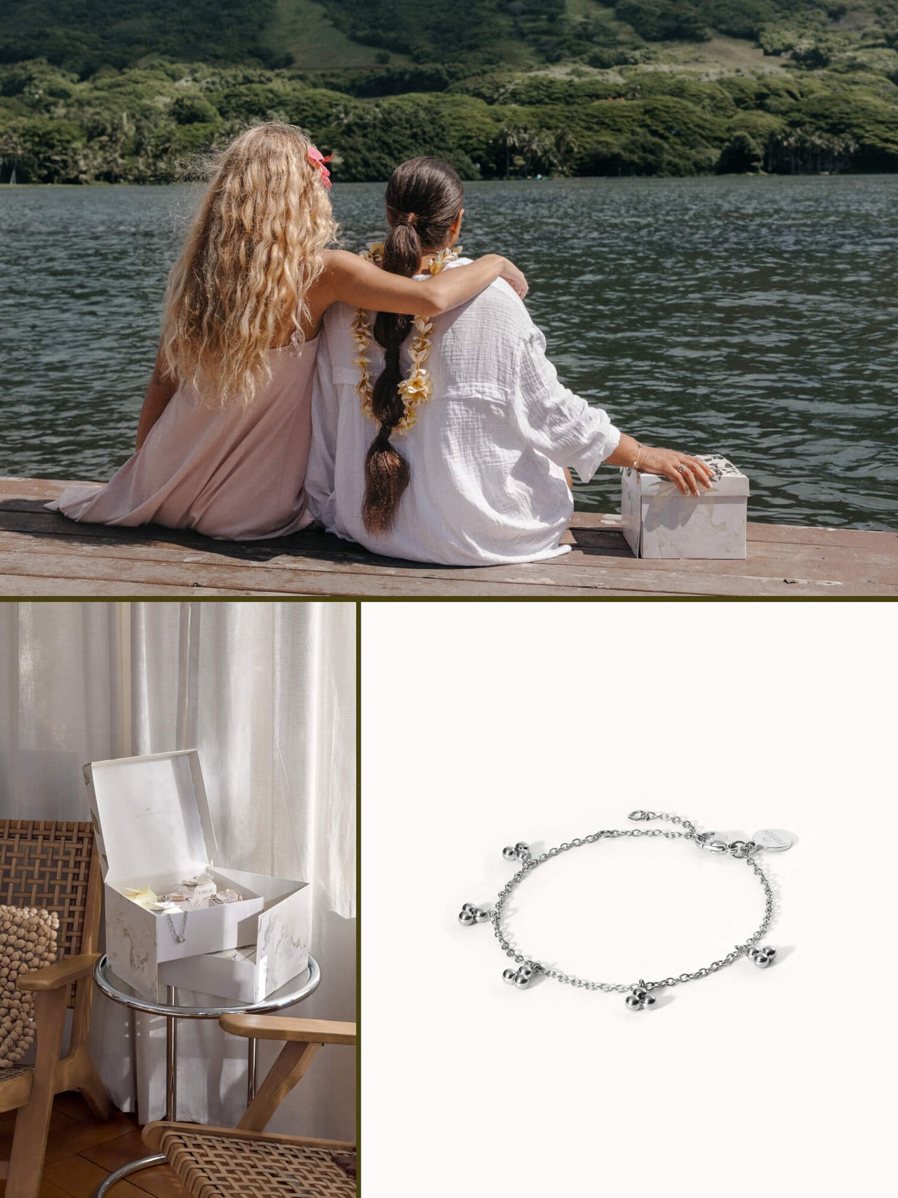 Silbernes Armband mit Muschel-Details von PURELEI, elegant und verspielt, umgeben von natürlicher Stimmung.