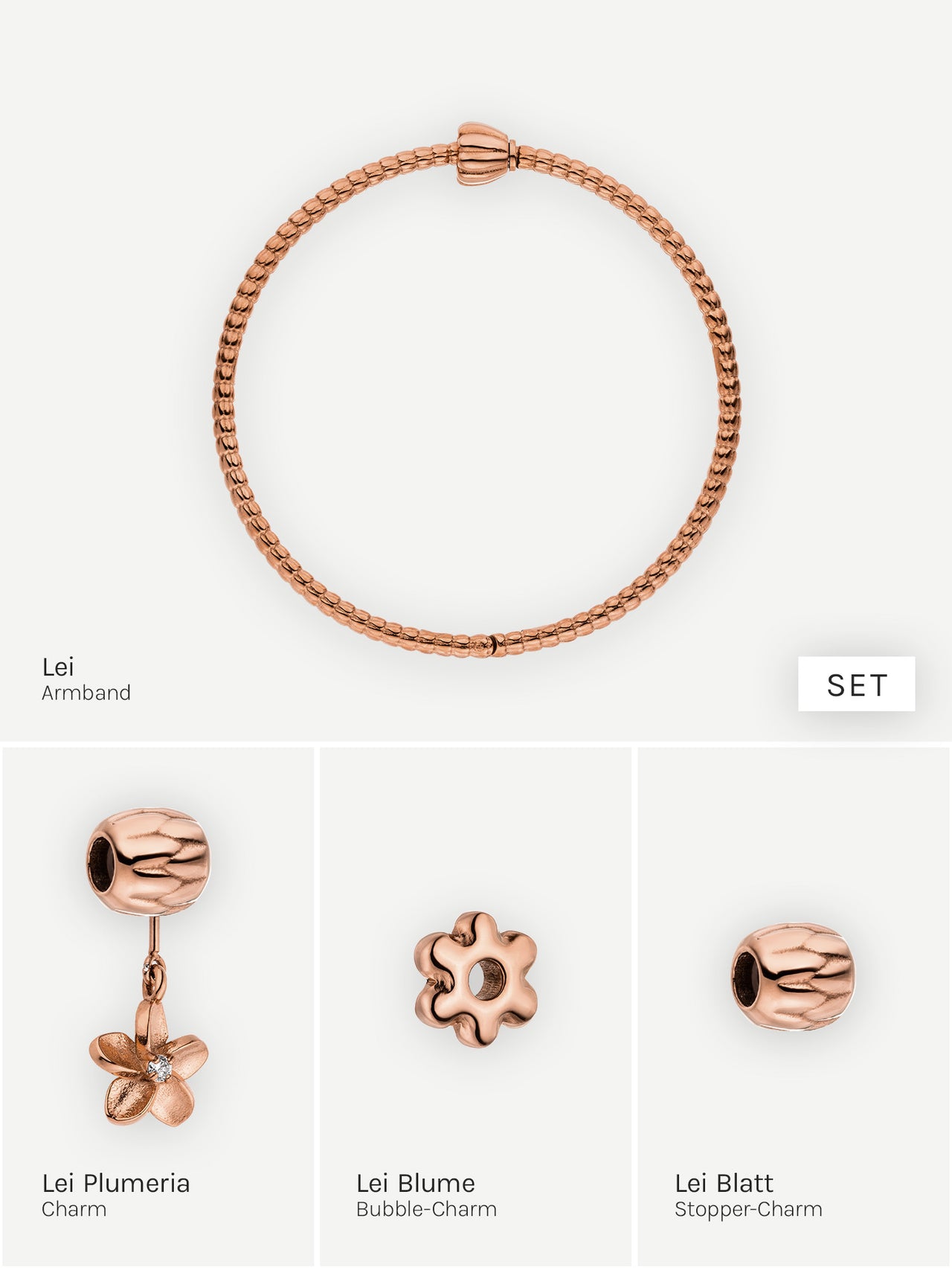 Roségoldenes Armband mit floralen Charms von PURELEI, elegant und feminin.