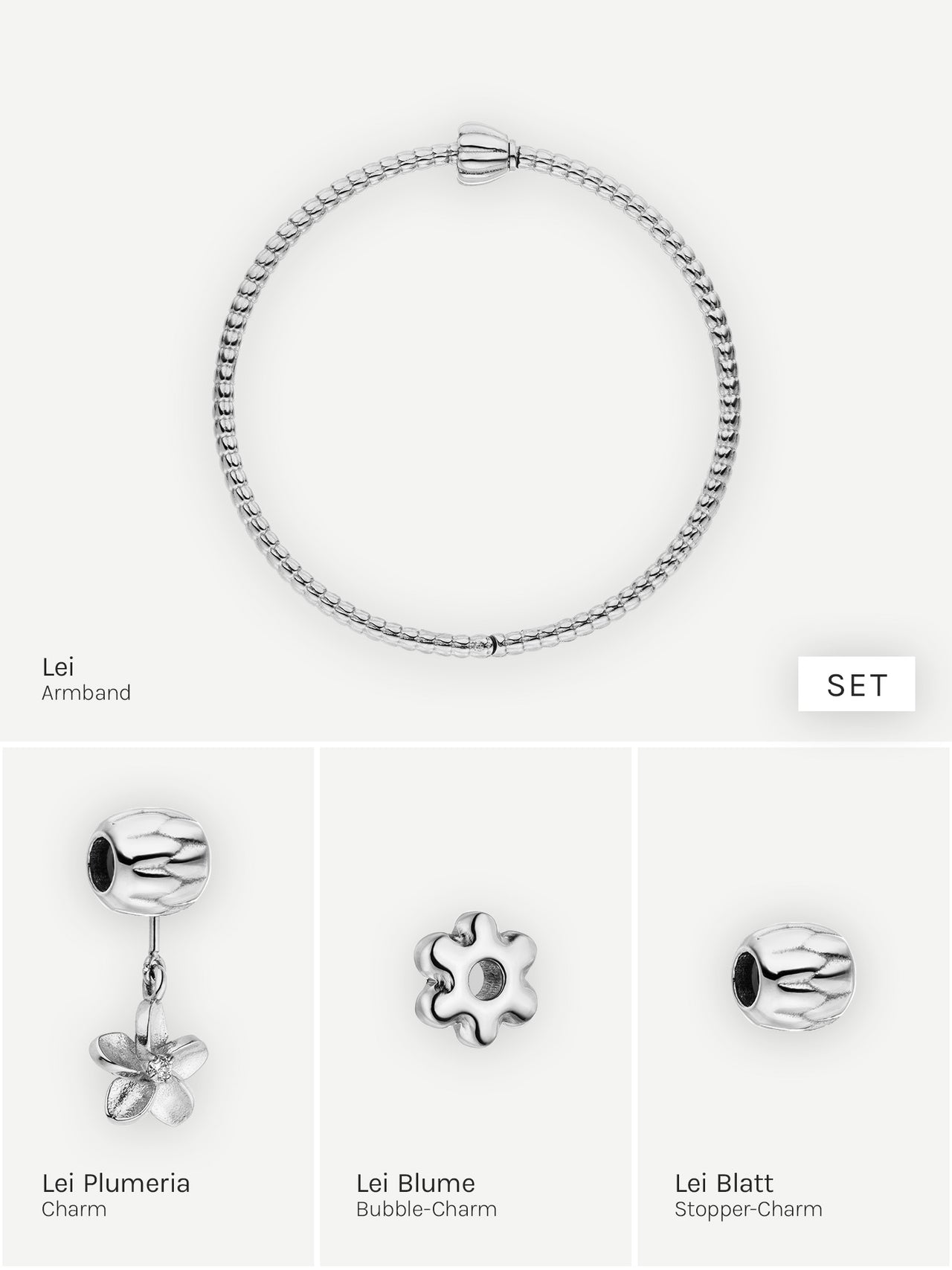 Silbernes Armband mit Plumeria- und Blüten-Charm von PURELEI, elegant und verspielt.