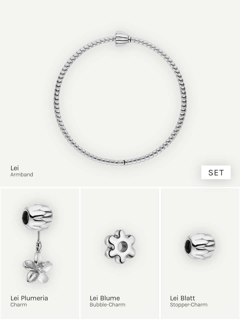 Silbernes Armband mit Plumeria- und Blüten-Charm von PURELEI, elegant und verspielt.