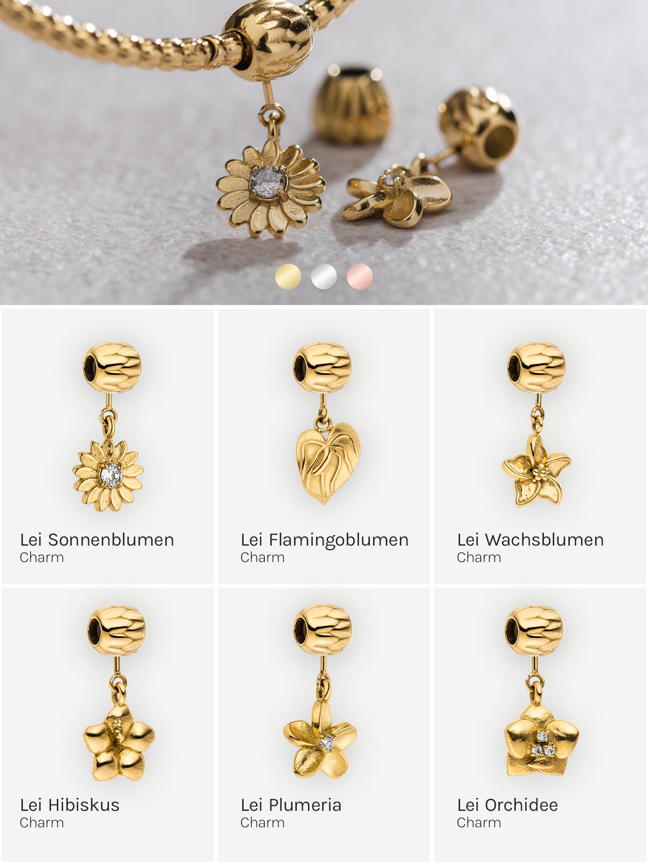 Goldene Blumen-Charm-Anhänger von PURELEI, inspiriert von tropischer Eleganz.