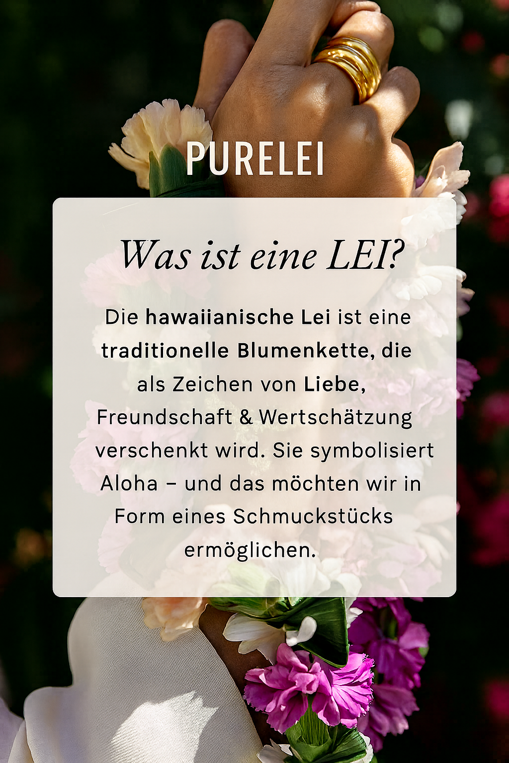 Hawaiianische Blumenlei von PURELEI, zart und farbenfroh, symbolisiert Aloha und Freundschaft.