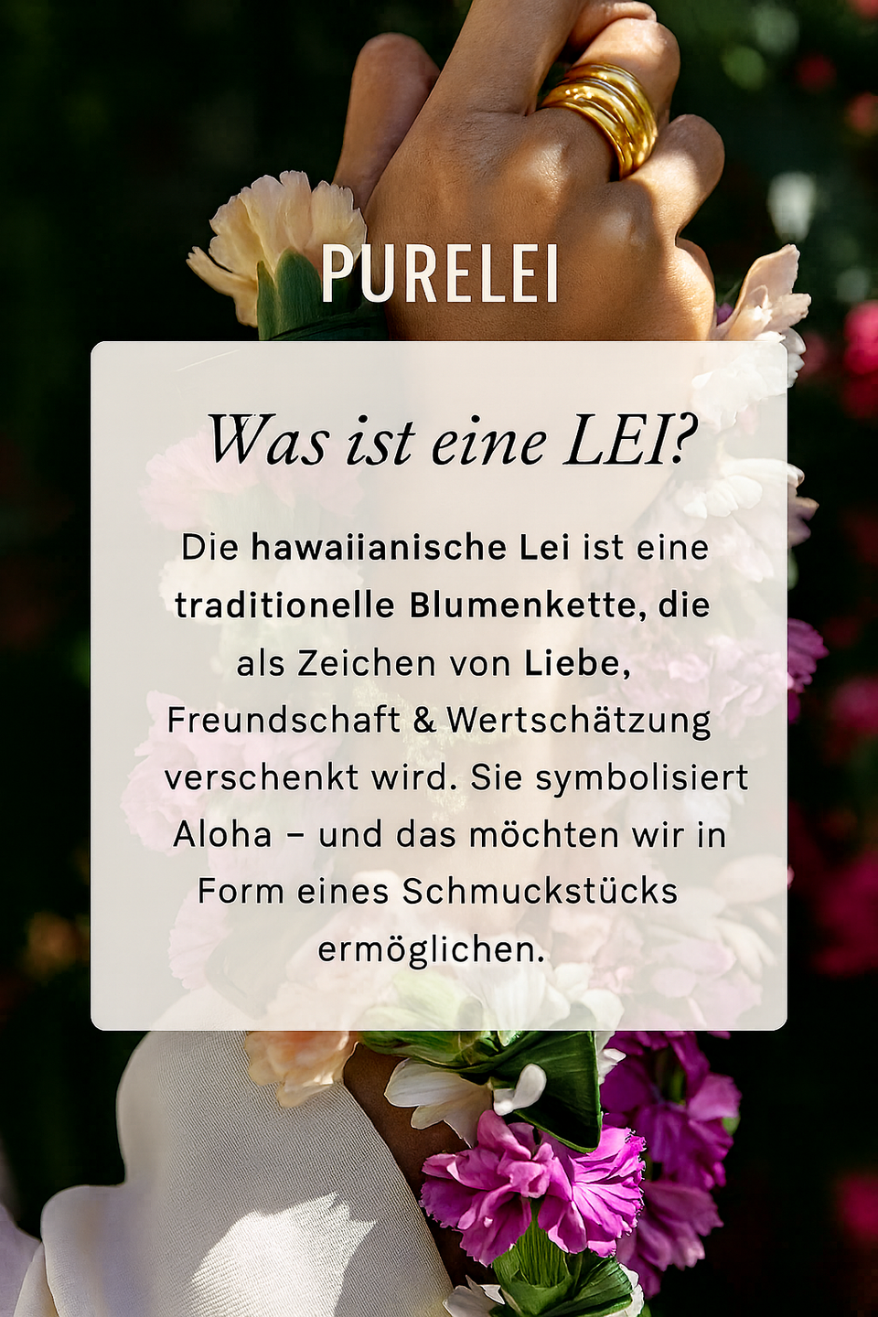 Hawaiianische Blumenlei von PURELEI, zart und farbenfroh, symbolisiert Aloha und Freundschaft.