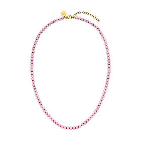 Feminine Kette aus pinken und weißen Perlen mit goldener Verlängerung von PURELEI.