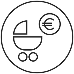 Minimalistisches Icon eines Kinderwagens mit Euro-Symbol, PURELEI inspiriert.