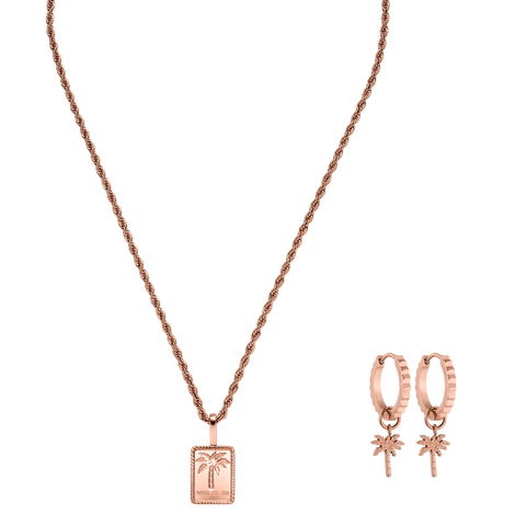 Roségoldene Kette mit Palmenanhänger und passenden Ohrringen von PURELEI.