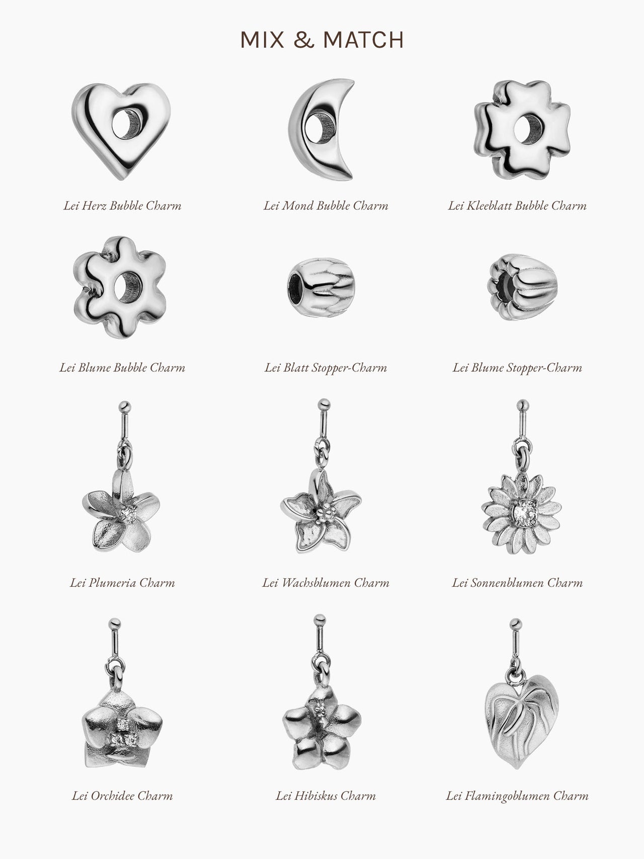 PURELEI Erstelle Deine Lei: silberne Charms mit Blumen- und Herzmotiven für individuelle Schmuckgestaltung.