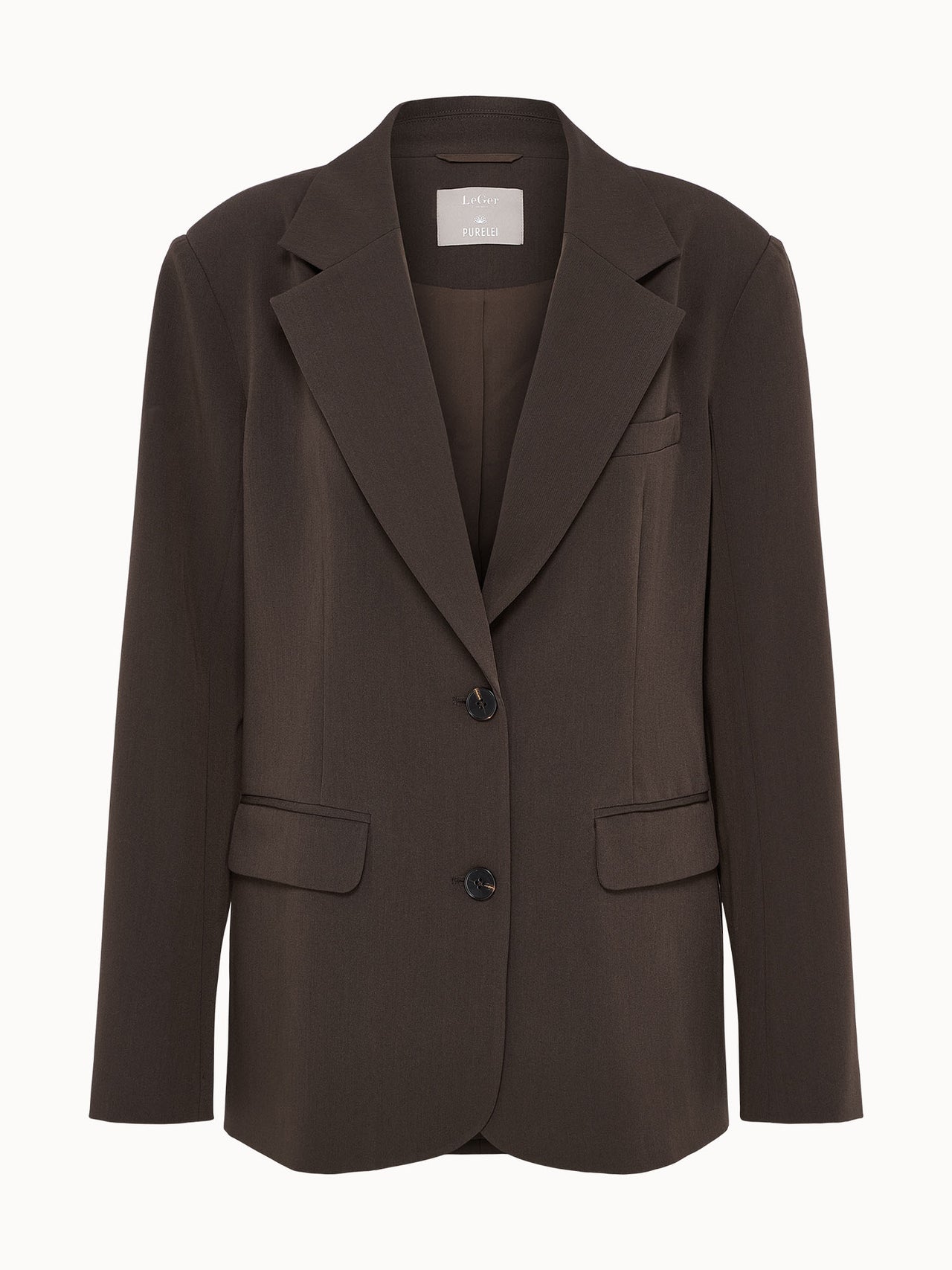Dunkelbrauner Blazer aus hochwertigem Material, elegant und zeitlos, von PURELEI.