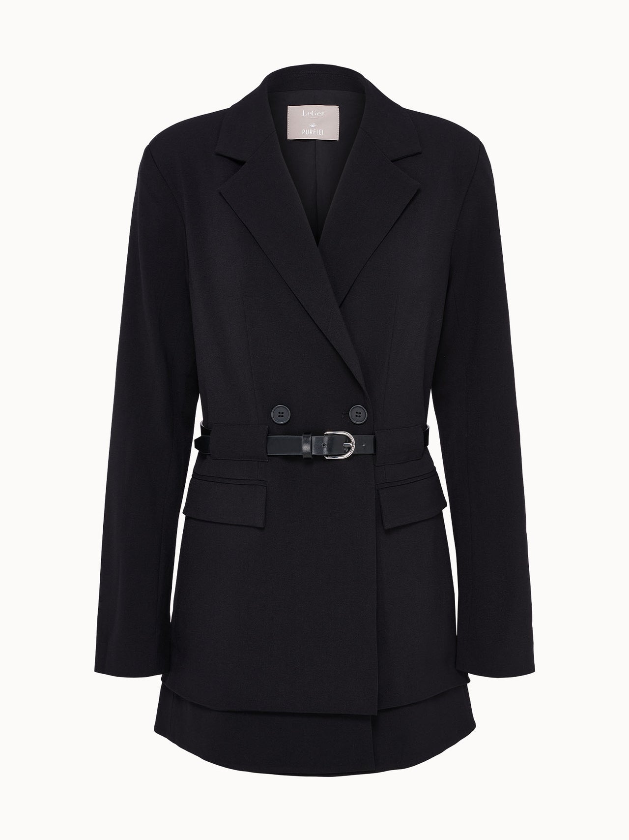 Eleganter schwarzer Blazer mit Gürtel von PURELEI, modern und feminin.