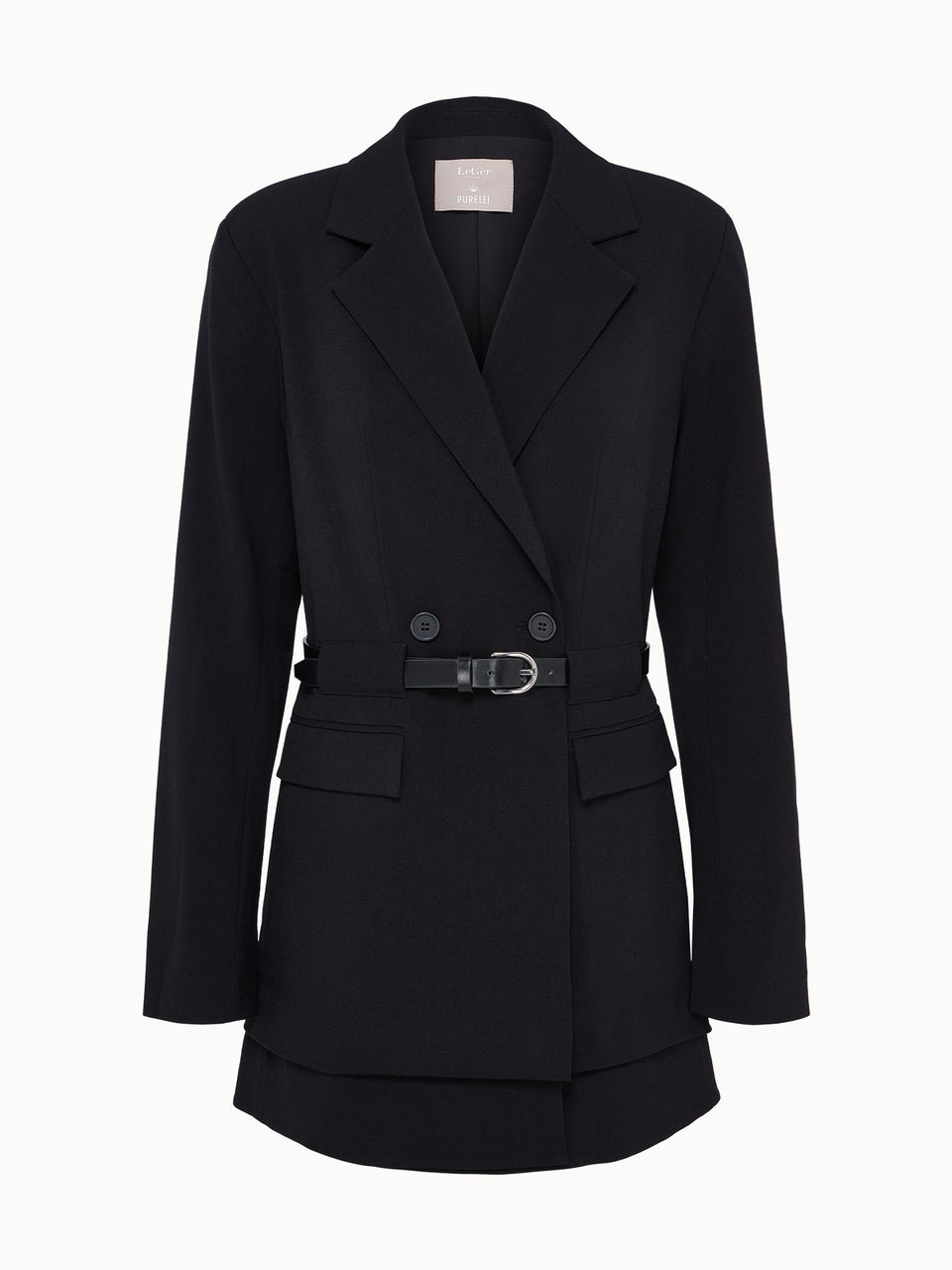 Eleganter schwarzer Blazer mit Gürtel von PURELEI, modern und feminin.