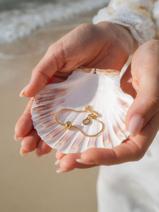 Roségoldenes Armband auf Muschel, in sanften Strandfarben gehalten – PURELEI.