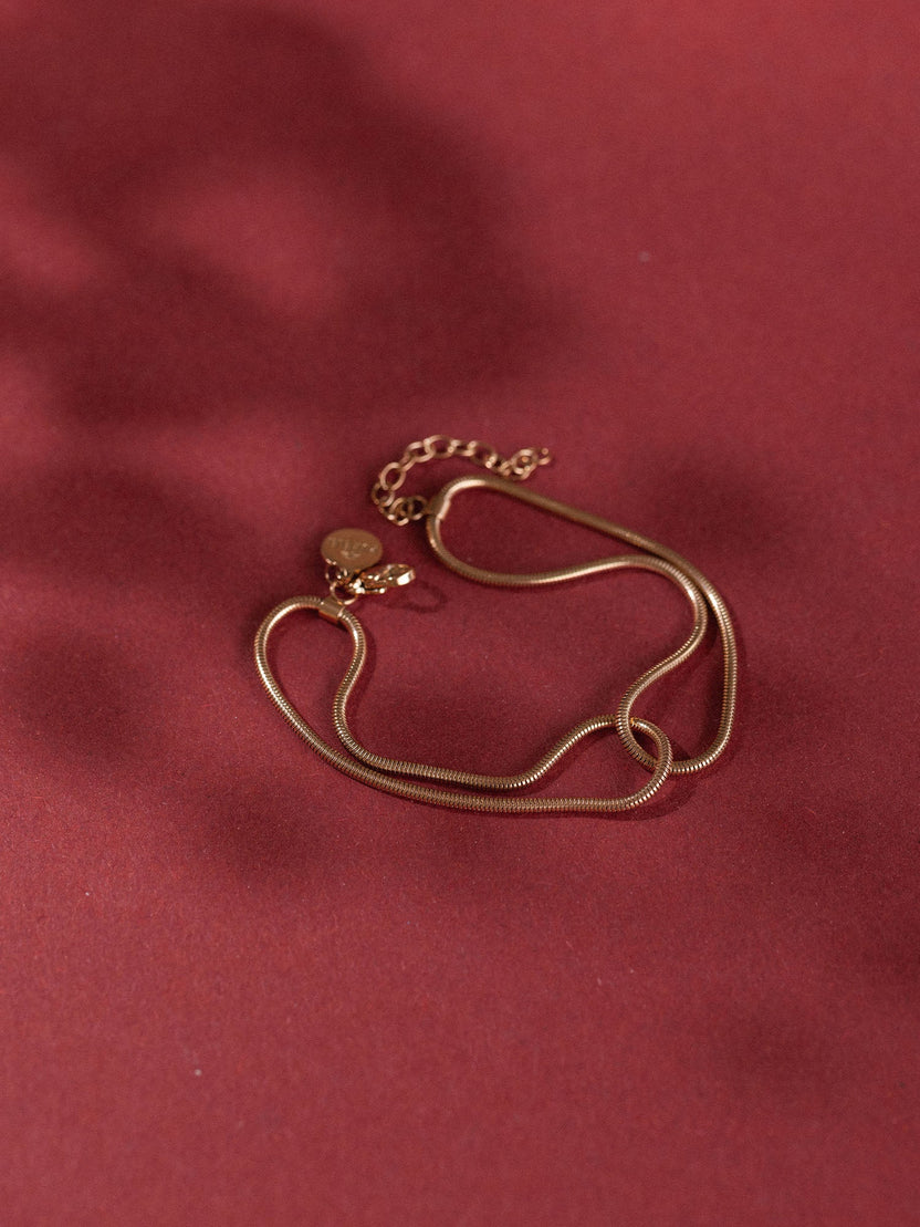 Roségoldene Kette mit zarten Anhängern auf rotem Hintergrund von PURELEI.