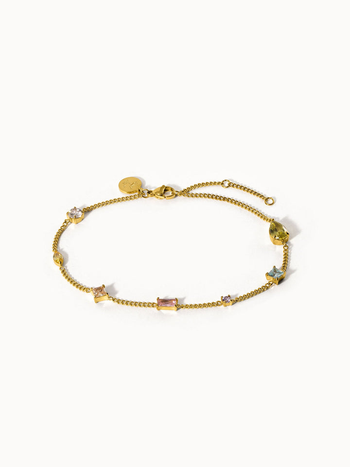 Goldenes Armband mit bunten Steinen, elegant und feminin, von PURELEI.