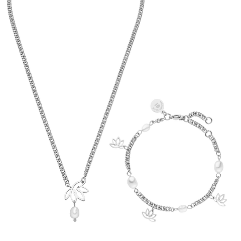 Silberne Kette und Armband mit Lotus-Design und Perlen von PURELEI.