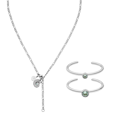 Silberne Kette und Armreifen mit grünem Stein, PURELEI, elegant und modern.