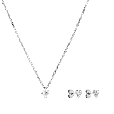 Silberne Kette mit floralem Anhänger und passenden Ohrringen von PURELEI, elegant und zeitlos.