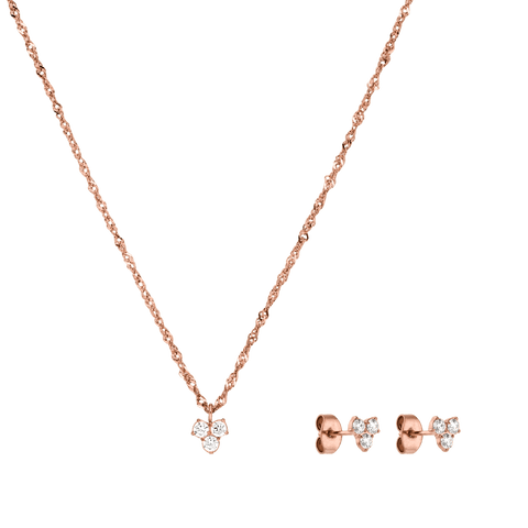 Roségoldene Kette mit funkelndem Anhänger und passende Ohrringe von PURELEI.