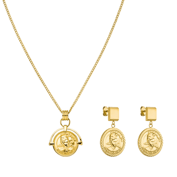Goldene Kette und Ohrringe mit Münzdesign von PURELEI, elegant und feminin.