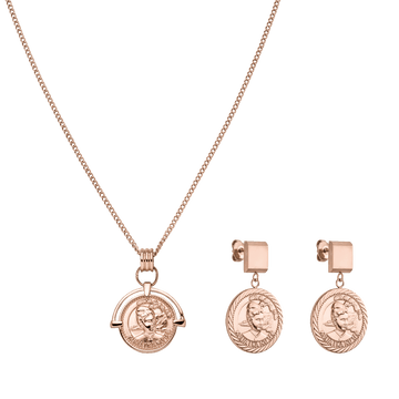 Roségoldene Kette und Ohrringe mit Münzdesign von PURELEI, elegant und feminin.