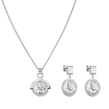 Silberne Kette und Ohrringe mit Münzdesign von PURELEI, elegant und modern.