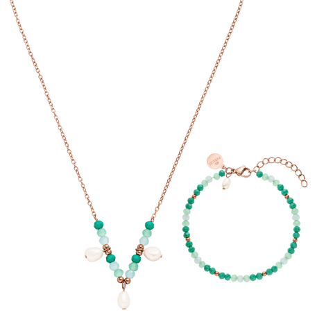 Roségoldene Kette und Armband mit grünen Perlen und Muschel-Details von PURELEI.