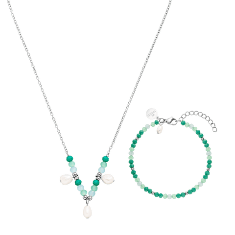 Silberne Kette und Armband mit grünen und weißen Perlen von PURELEI, frisch und elegant.