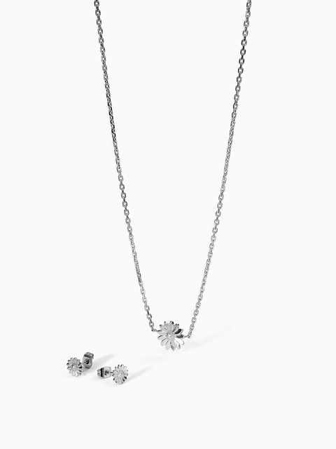 Silberne Kette und Ohrringe mit floralen Motiven von PURELEI, elegant und verspielt.