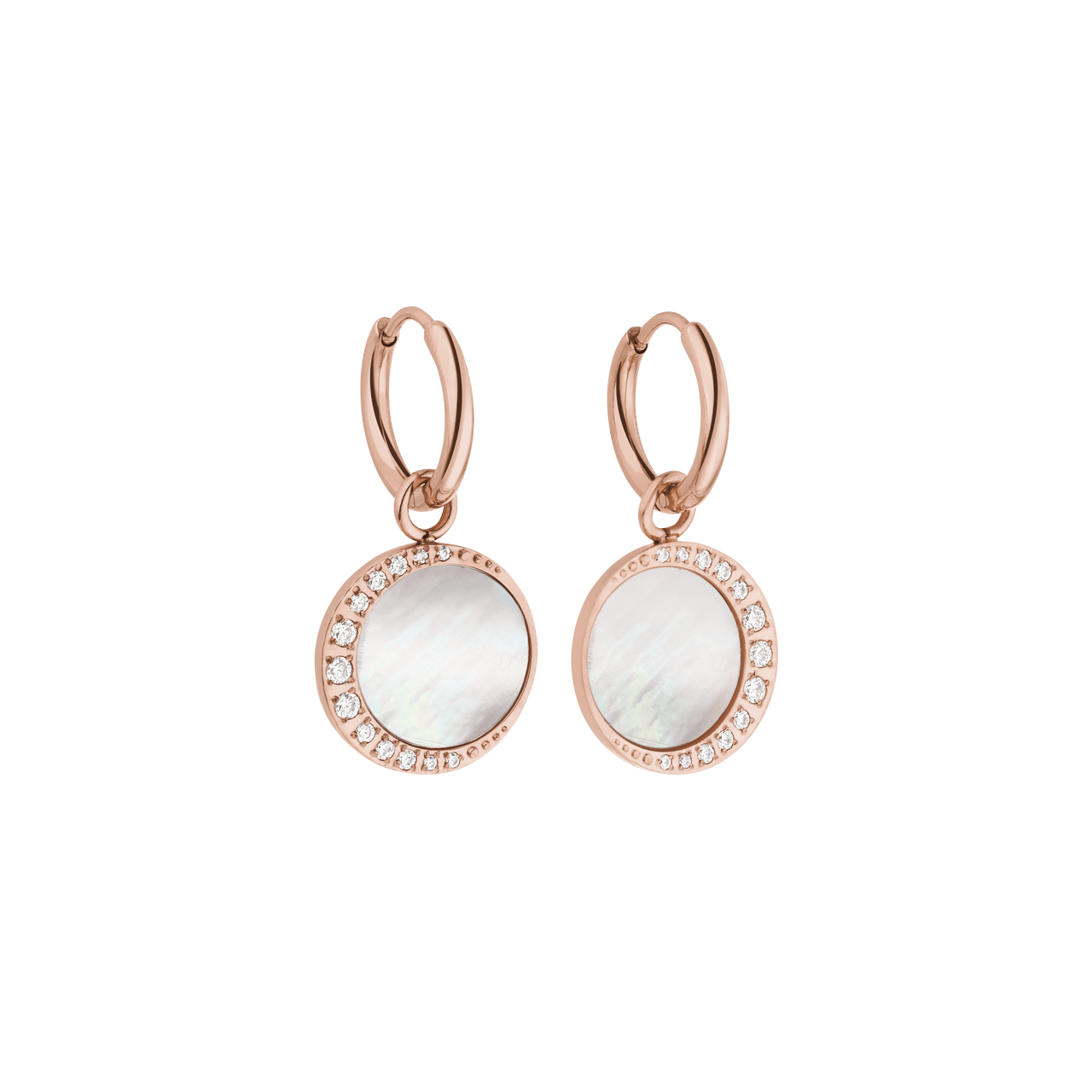 Roségoldene Ohrringe mit Muschel und Kristallen von PURELEI, elegant und feminin.