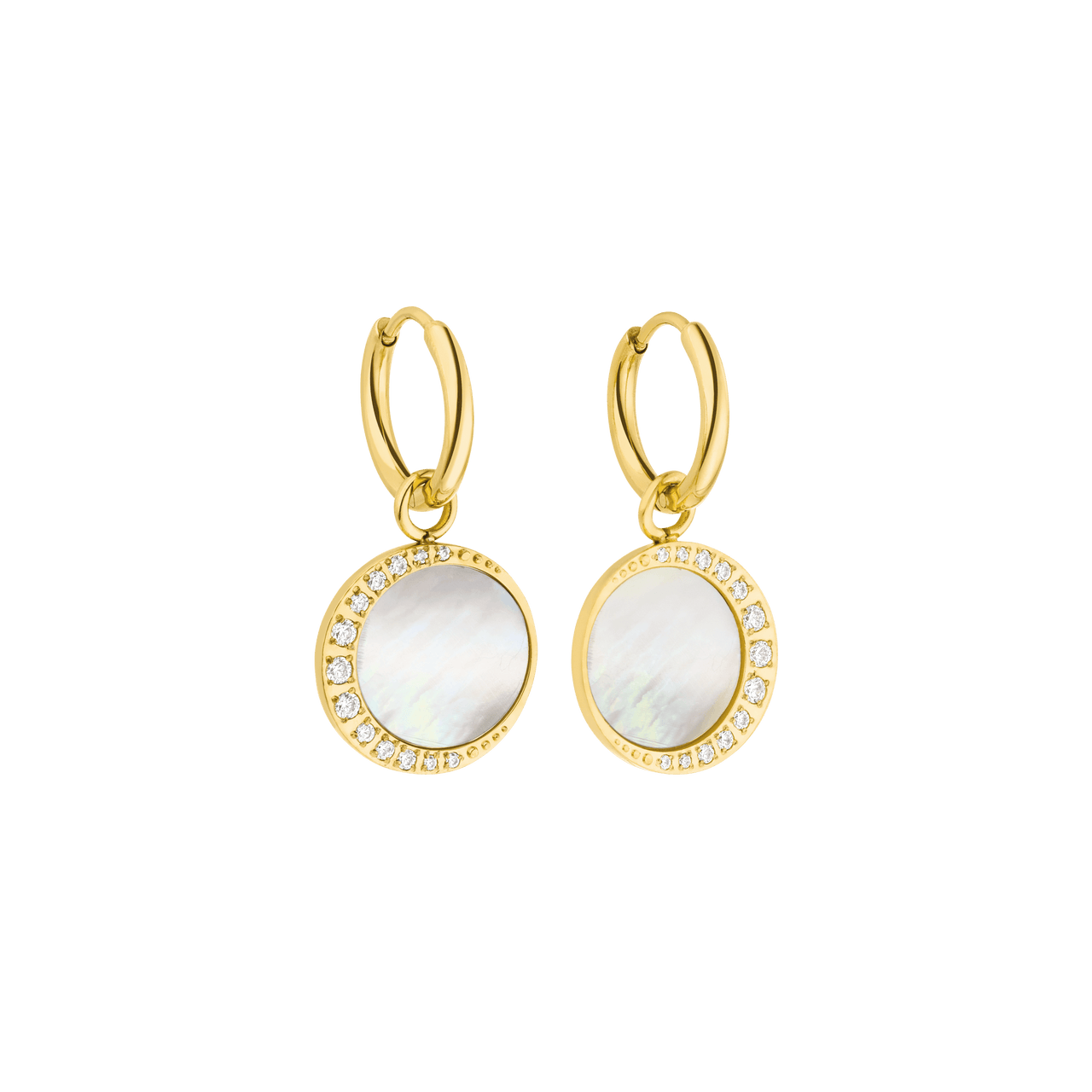 Goldene Creolen mit Muschel-Anhänger und funkelnden Details von PURELEI.