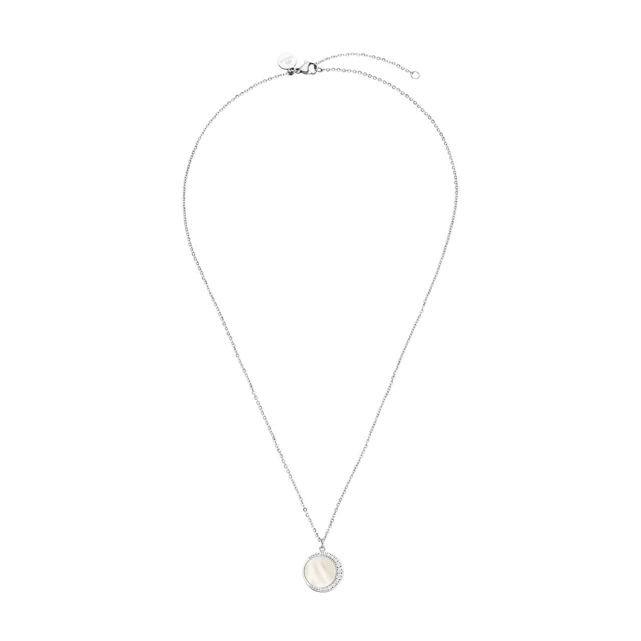 Silberne Kette mit runder Muschel-Anhänger von PURELEI, elegant und zeitlos.