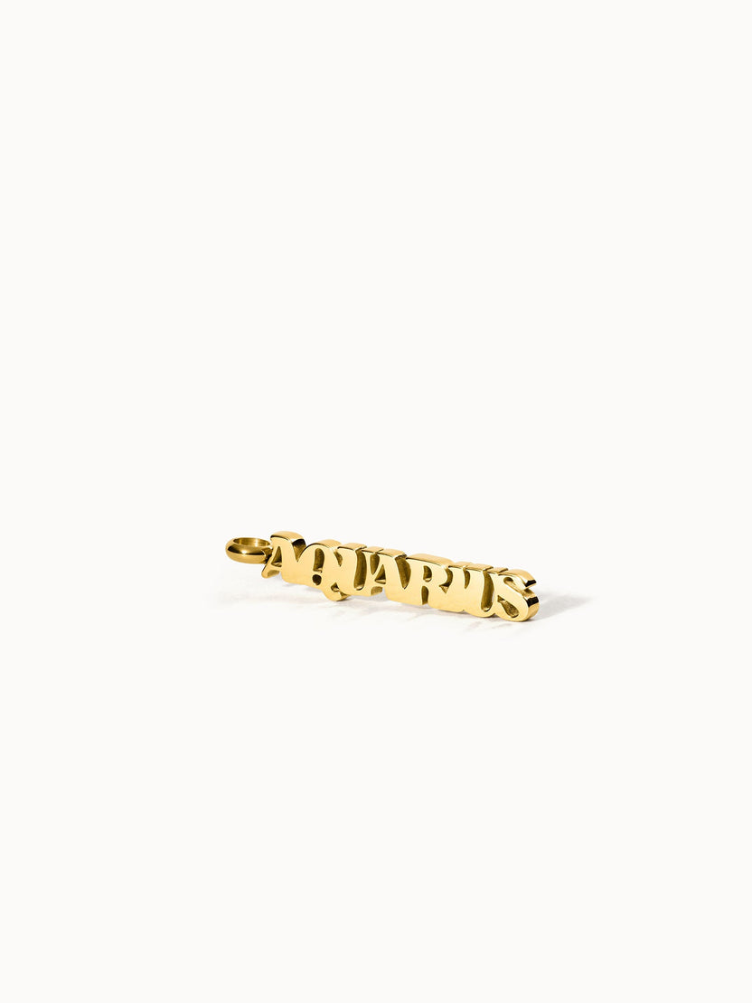 Aquarius Letter Charm von PURELEI, vergoldet, moderner Schriftzug auf weißem Hintergrund, elegant und klar.