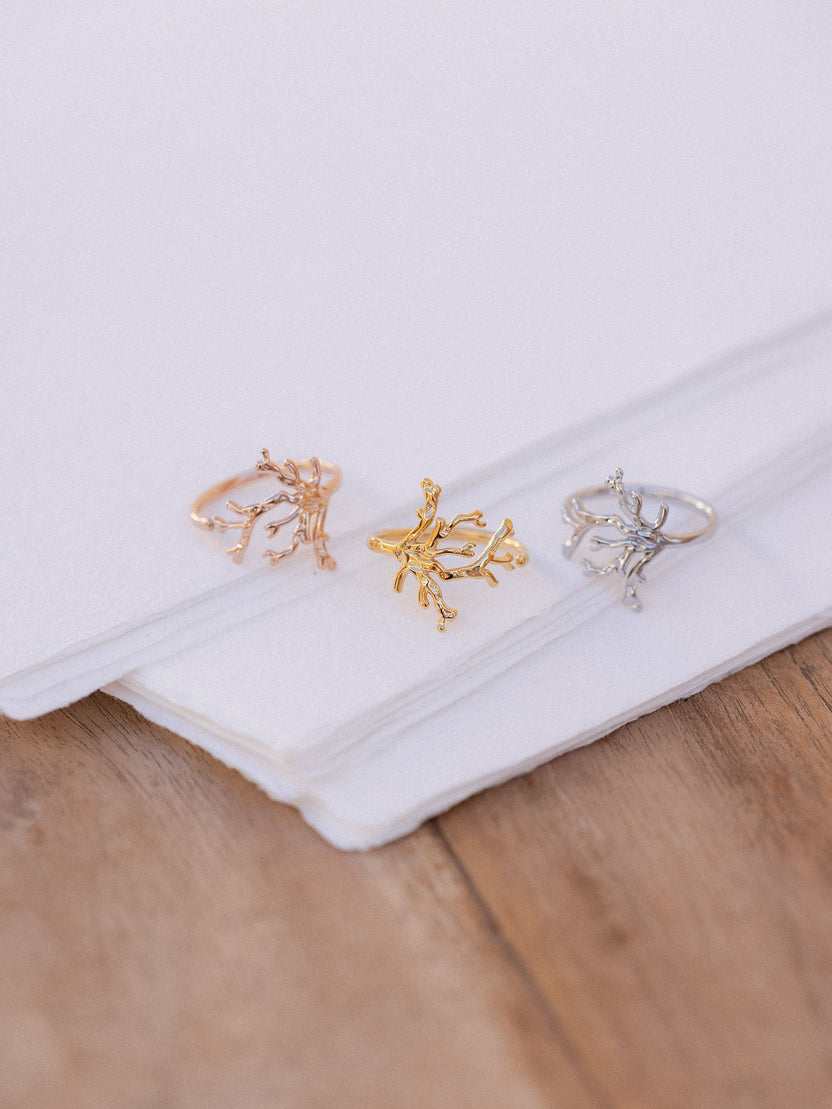 Drei PURELEI Coral Cove Ringe in Gold, Roségold und Silber mit Korallendesign auf hellem Stoff, elegant und feminin.