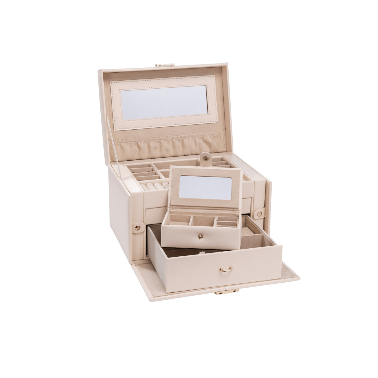 PURELEI Jewelry Box aus beigem PU und Wildleder mit Spiegel, elegant und feminin für Deine Schmuckschätze.