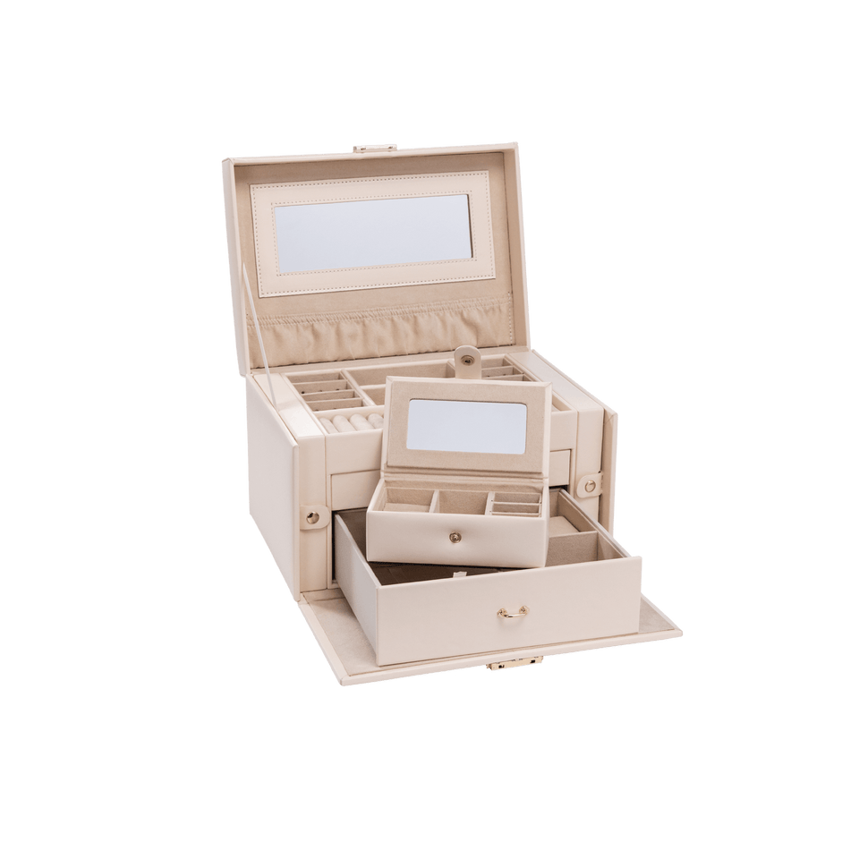 PURELEI Jewelry Box aus beigem PU und Wildleder mit Spiegel, elegant und feminin für Deine Schmuckschätze.