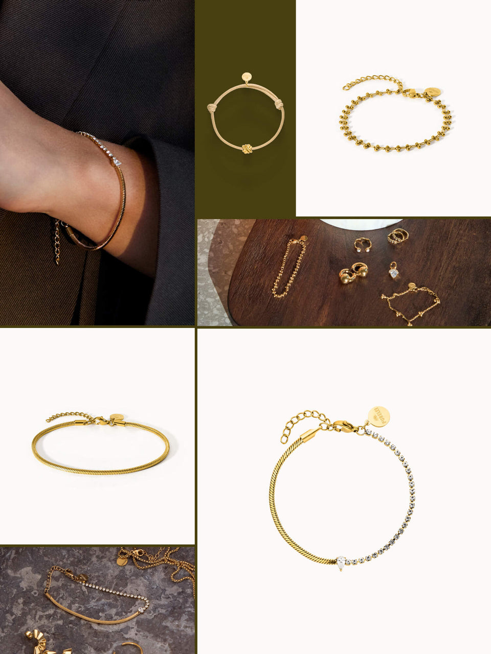 Goldene Armbänder von PURELEI, elegant und vielseitig, am Handgelenk getragen.