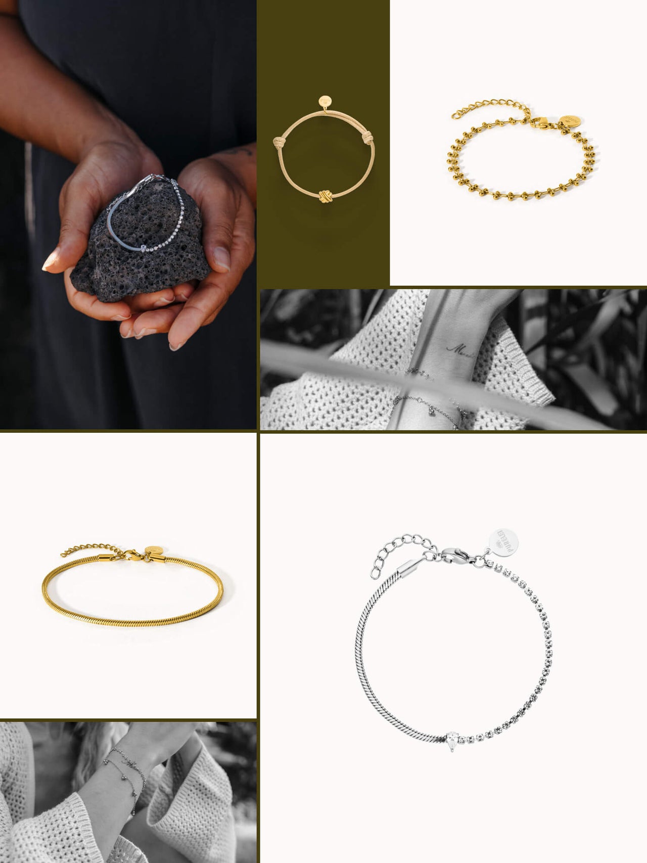 Diverse Armbänder in Gold und Silber, elegant und feminin, inspiriert von PURELEI.