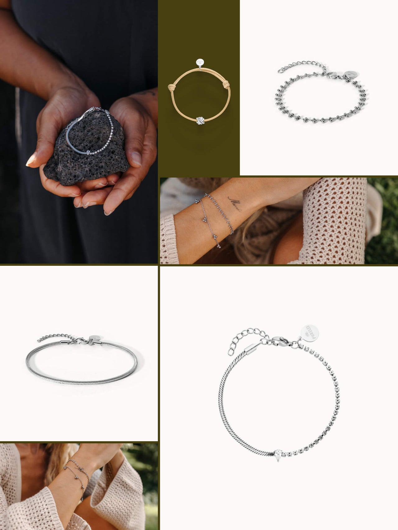 Silberne Armbänder und ein rosafarbenes Lederarmband von PURELEI, elegant und feminin.