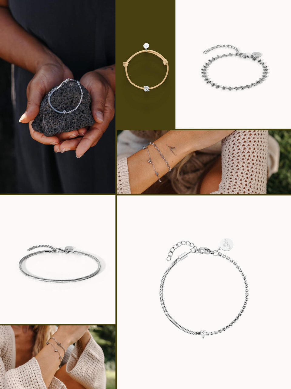 Silberne Armbänder und ein rosafarbenes Lederarmband von PURELEI, elegant und feminin.