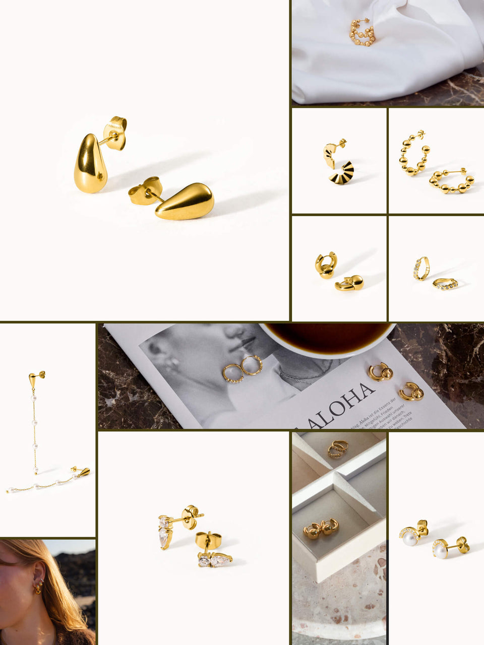 Goldene Ohrringe in verschiedenen Designs, elegant und modern, von PURELEI.