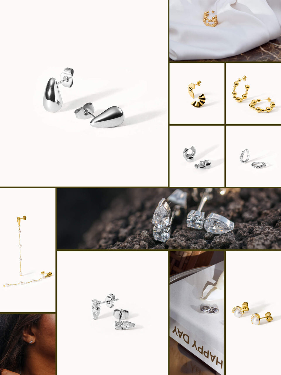 Silberne und goldene Ohrringe von PURELEI, elegant und modern, inspiriert von natürlicher Schönheit.