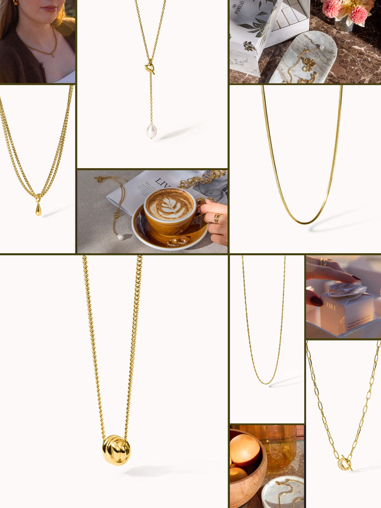 Goldene Ketten mit eleganten Anhängern von PURELEI, inspiriert von natürlicher Schönheit.