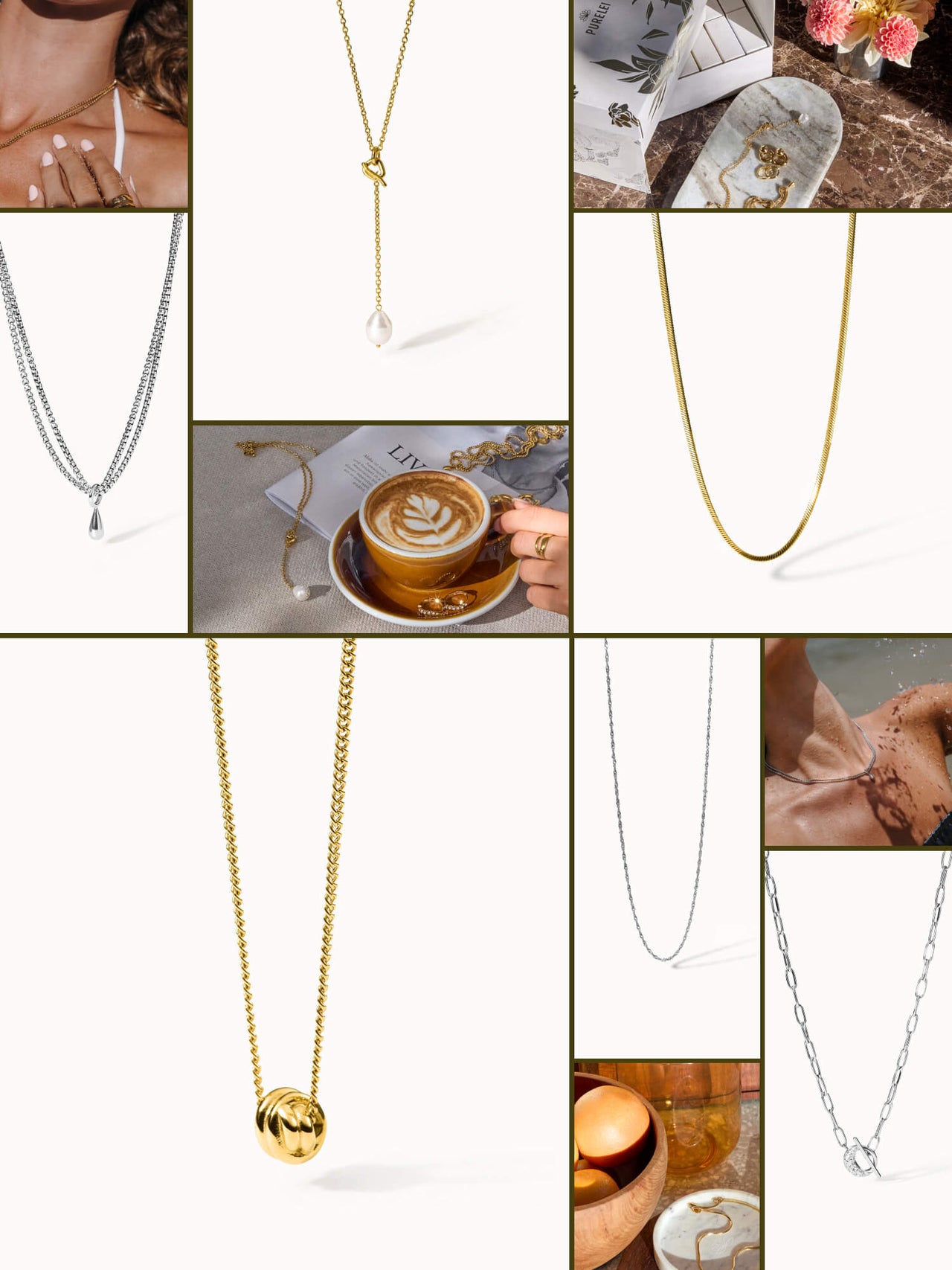 Goldene und silberne Ketten von PURELEI in elegantem Design, inspiriert von natürlicher Schönheit.