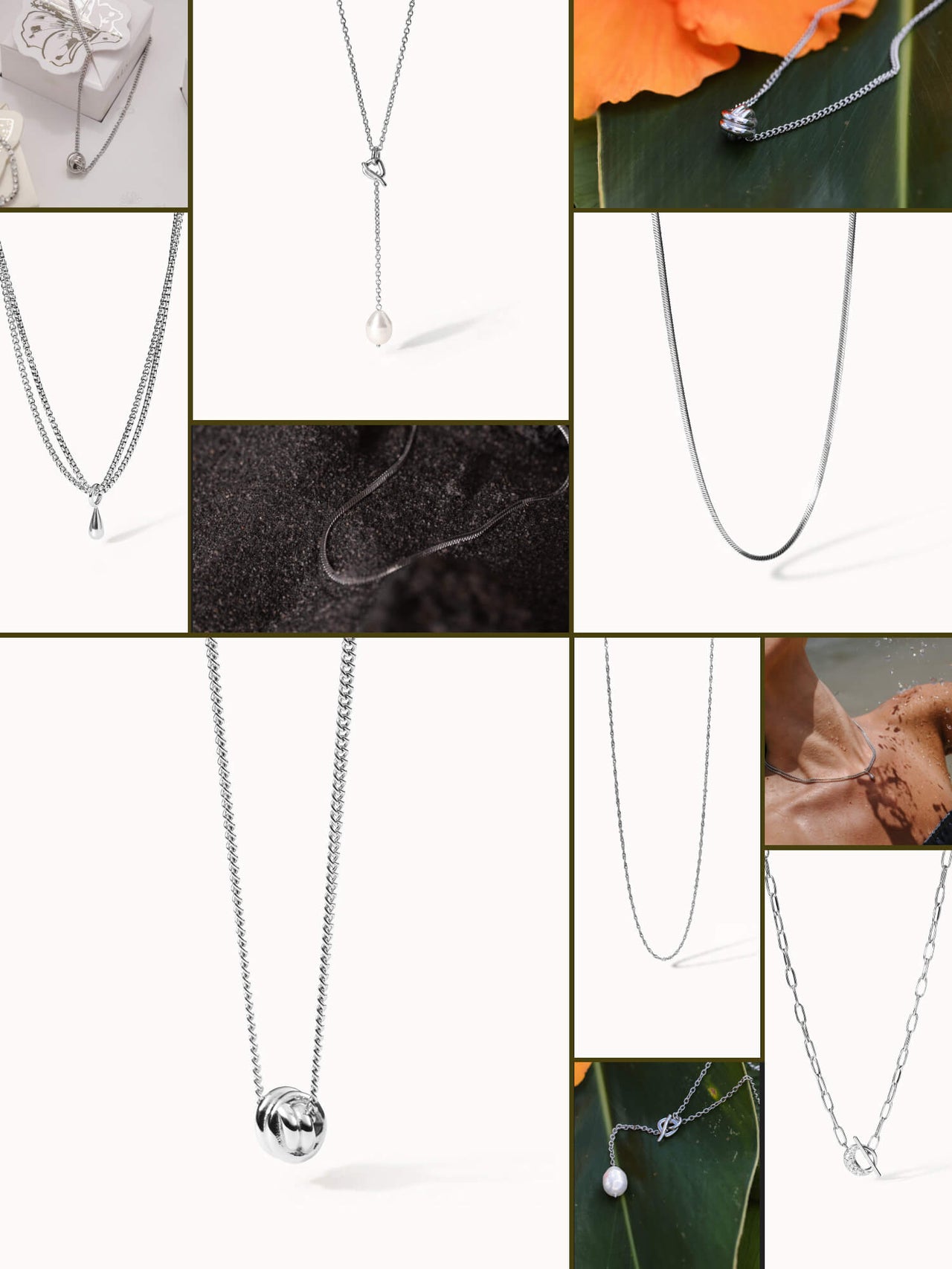 Silberne Ketten mit eleganten Anhängern, inspiriert von PURELEI, in tropischer Stimmung.