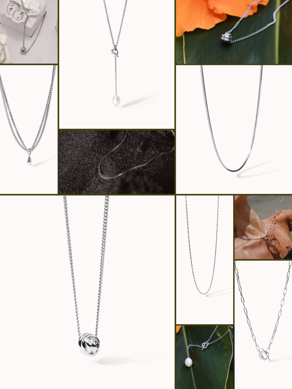 Silberne Ketten mit eleganten Anhängern, inspiriert von PURELEI, in tropischer Stimmung.