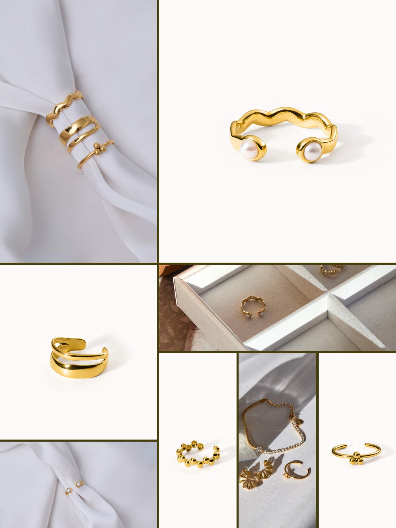 Goldene Ringe und Armbänder von PURELEI auf weißem Stoff, elegant und modern.