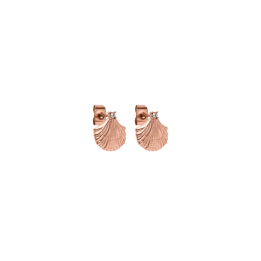 Aloha Shell Ohrringe von PURELEI aus rosévergoldetem Edelstahl mit Muscheldesign und funkelndem Zirkonia, nickelfrei.